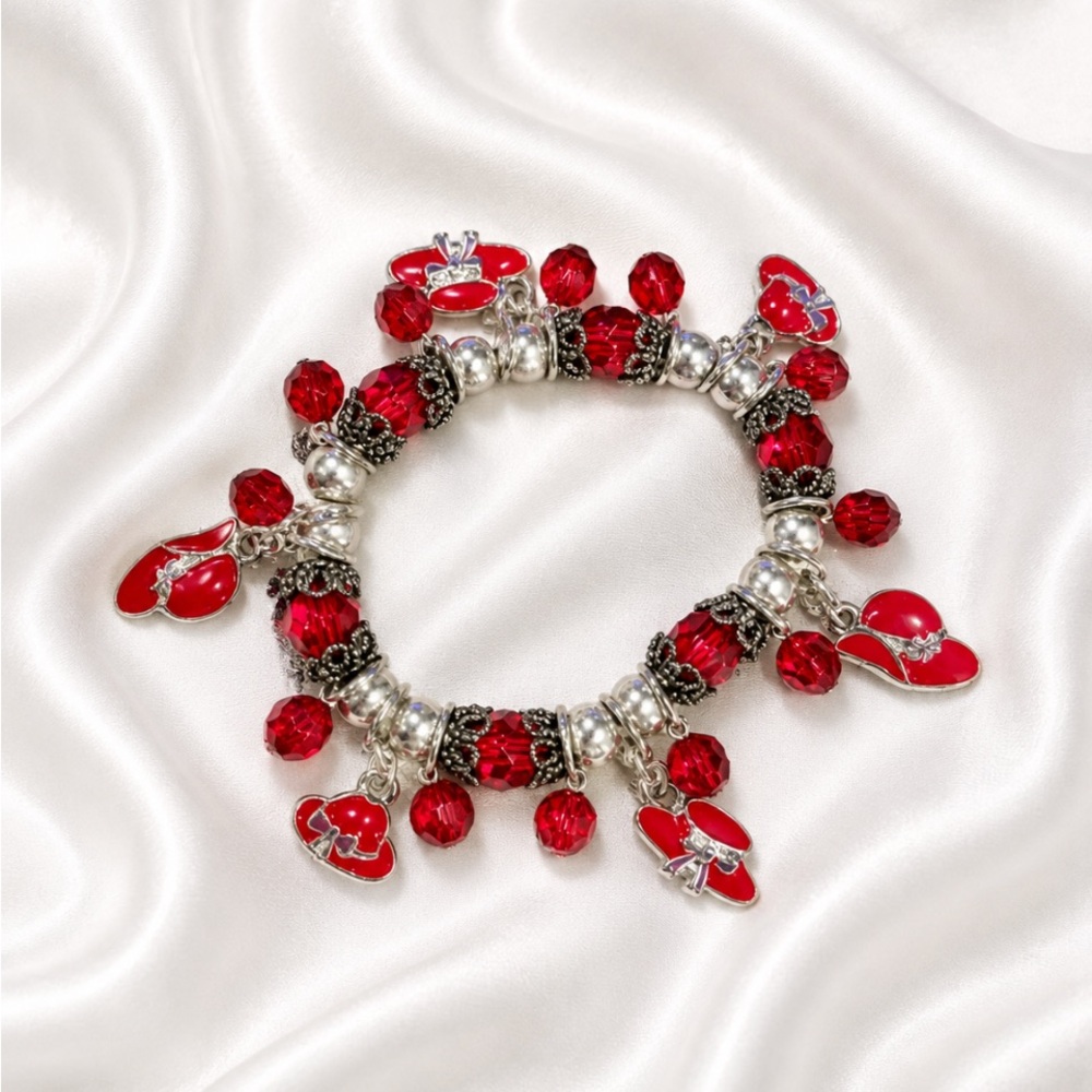 RED HAT SOCIETY Red Beaded Charm Bracelet with Silver Accents